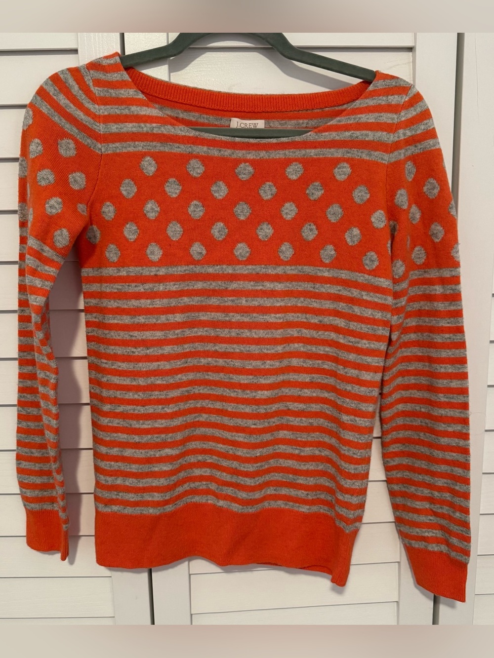 J. Crew Orange Gray Striped Polka Dot Boatneck Sweater Wool Blend Fall Cozy